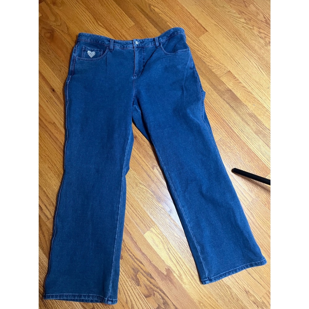 Quacker Factory DreamJeannes Dark Wash Straight Leg Rhinestone Heart Pants 14